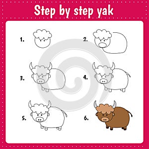 Drawing lesson for children. How draw a yak. Drawing tutorial for kids.