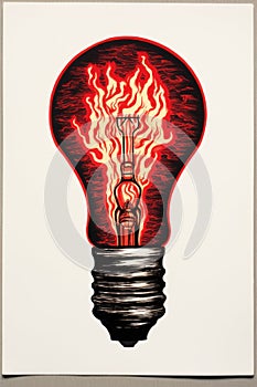 A drawing of a light bulb with flames coming out of it.