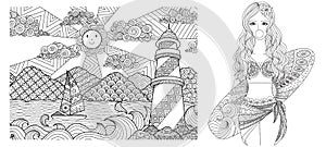 Drawing of Lighthouse and sexy lady on the beach for adult coloring book,coloring and other deign element. Vector illustration photo