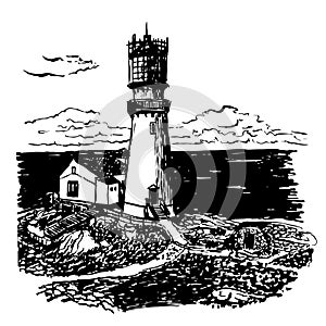 Drawing lighthouse with a two-story home illustration