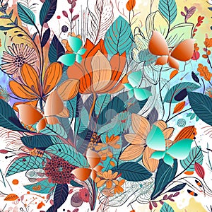 Drawing line art beautiful colorful exotic flowers seamless pattern. Romantic vector background. Hand drawn paint blossom flowers