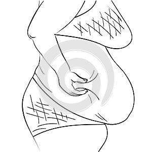 Drawing linear of fat woman touching her belly.
