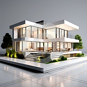 drawing lines of a 3D render house on a white background - architectural vision for building a home