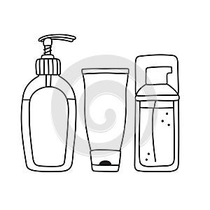 Drawing of liquid soap, cream and facial wash