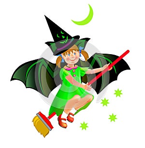 Drawing of little girl dreaming about presents in festive Halloween night. Image of fairy flying on broomstick. Book cover for