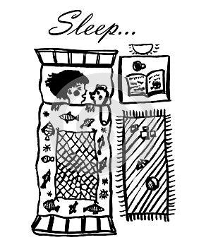 Drawing of a little girl sleeping in her crib under a blanket along with a teddy bear, sketch