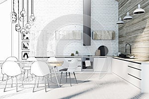 Drawing loft kitchen interior with furniture