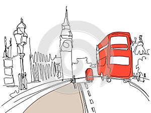 Drawing of London Tower street with red bus and Big Ben