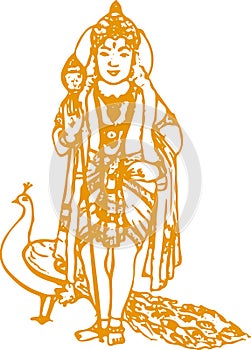 Drawing of Lord Murugan or Skanda Outline Editable Vector Illustration