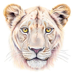 Drawing of lovely lioness portrait isolated on a white background.