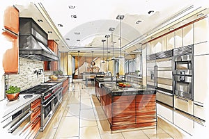 A drawing of a luxury kitchen design with a wooden island stone counter top and a tile floor and cabinets, cooktop, hood