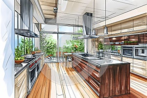A drawing of a luxury kitchen design with a wooden island stone counter top and a wood floor and cabinets, cooktop, hood