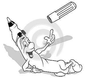 Drawing of a Lying Felt Tip Pen Pointing with a Hand to a Falling Top