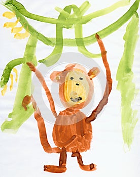 Drawing made child - Monkey and green lianas photo