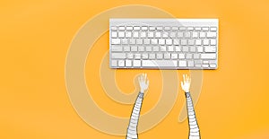 Drawing man typing computer keyboard on yellow color background.Minimal style.Business modern