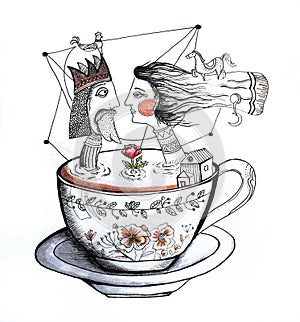 Drawing of a man and a woman inside a cup of coffee divination, Hand drawn black and white artwork, Illustration with hatching.