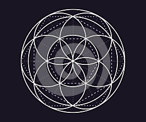 Drawing of many circles centered in a circle on a dark background