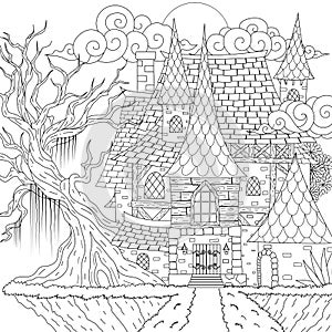 Drawing medieval haunted house, happy Halloween theme, for printing, coloring book and so on. Vector illustration