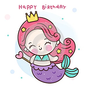 Drawing Mermaid cartoon Little princess fairy happy birthday party kawaii fish animal holding magic wand