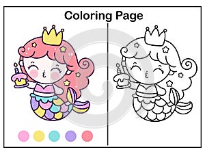 Drawing Mermaid coloring page cartoon little princess holding cupcake for birthday party vector kawaii fish anima