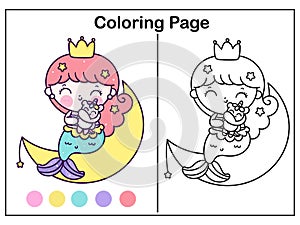 Drawing Mermaid coloring page cartoon little princess sleep on moon hug cute unicorn vector doll kawaii fish animal