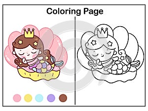 Drawing Mermaid coloring page cartoon little princess sleep on shell sweet dream kawaii fish animal