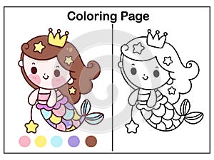 Drawing Mermaid coloring page cartoon little princess vector kawaii with star fish