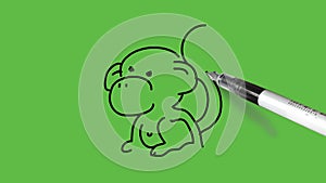 Drawing a micky monkey in black, pink and brown colour combination on abstract green background