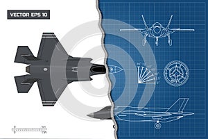 Drawing of military aircraft. Industrial blueprint. Top, side, front views. Fighter jet. War plane with external weapons