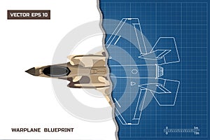 Drawing of military aircraft. Industrial blueprint. Top view. Fighter jet. War plane with external weapons