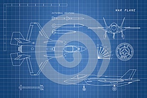 Drawing of military aircraft. Top, side, front views. Fighter jet