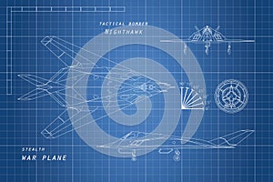 Drawing of military aircraft. Top, side and front views. War plane.