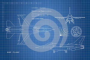 Drawing military aircraft. Top, side, front views. War plane wit