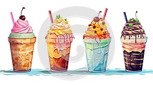 A drawing of milkshakes with the words iced coffee on the top.ai generative