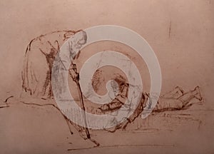 Drawing of the miracle of the floating axe by Rembrandt van Rijn