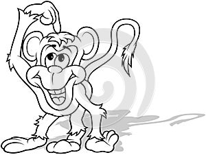 Drawing of a Monkey with a Big Smile Pointing a Finger at its Head