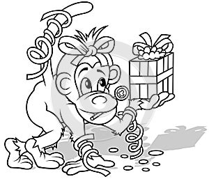 Drawing of a Monkey with a Bow on its Head and a Gift in its Paw