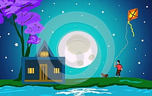 Drawing Of Moon Night With Starry Sky, A Small House With Boy And Dog, Purple Color Tree, And Lake Water.