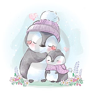 Drawing of the mother and son of a connected penguin in the cold weather of the winter coming