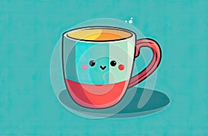 Drawing of a mug with eyes on a blue-green background, minimal style