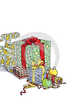 Drawing of multi-colored Christmas gifts and surprises