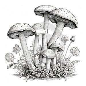 Drawing of mushroom, with its cap and stem. It is surrounded by flowers in foreground, creating an interesting contrast