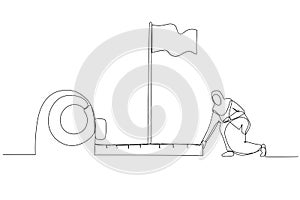 Drawing of muslim business woman using measuring tape to analyze distance from target flag. One line art style