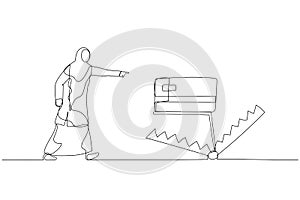 Drawing of muslim business woman walk into credit card trap showing danger of debt. One line art style