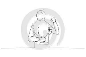 Drawing of muslim businesswoman pointing self with thumb feeling proud get trophy award for achievement. One line style art photo