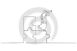 Drawing of muslim businesswoman standing on uncompleted jigsaw looking for missing piece. Finding solution concept. Single line