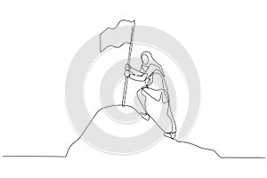 Drawing of muslim woman enterpreneur with flag on mountain peak concept for achievement. Single continuous line art style