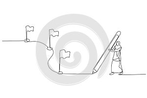 Drawing of muslim woman enterpreneur using pencil draw line with flag as milestones. Continuous line art style