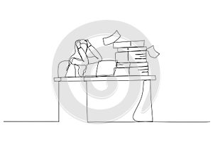 Drawing of muslim woman frustated sitting on office busy desk concept of overwhelmed. One line art style