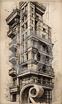 A drawing of a number on top of a building sketch cubism detailed. AI generated